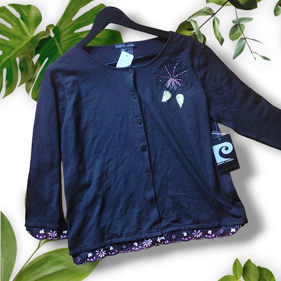NWT Silk Black Beaded Cardigan Pierre Cardin, sz L-XL - Picture 1 of 10